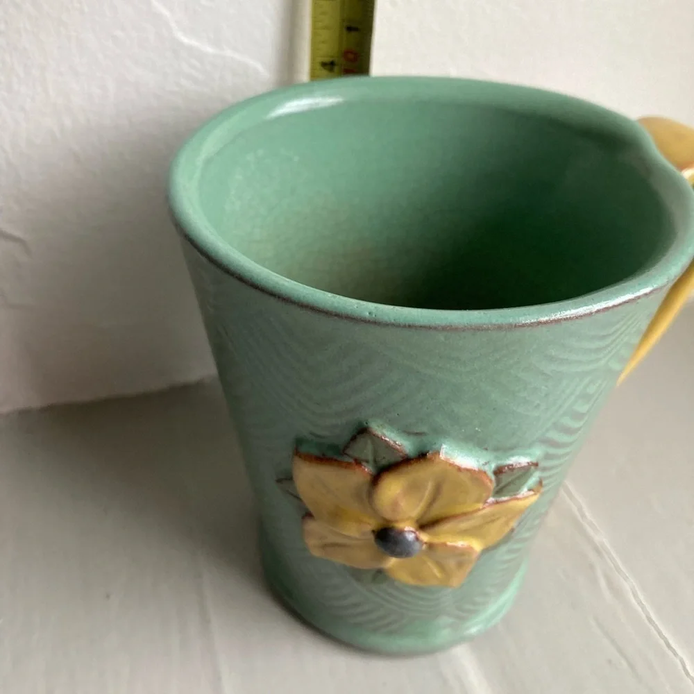 Pottery Mug Artisan Hand Made Flower Decorated- Signed Mandy Baker Clay